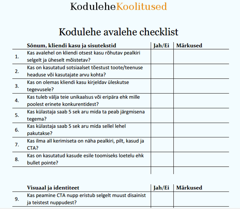 Kodulehe avalehe checklist