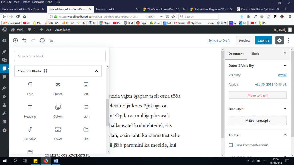 WordPress 5.0 Gutenbergi tekstiredaktor